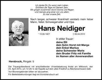 Traueranzeige von Hans Neidiger von Hersbrucker Zeitung